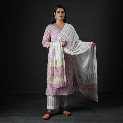  Sanganeri Block Printed Cotton Kurta with Palazzo & Dupatta Set 