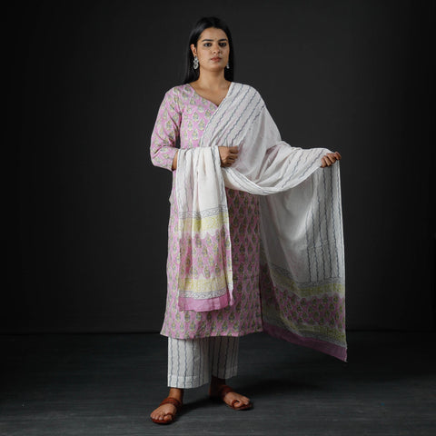  Sanganeri Block Printed Cotton Kurta with Palazzo & Dupatta Set 