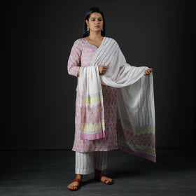  Sanganeri Block Printed Cotton Kurta with Palazzo & Dupatta Set 