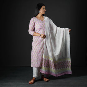  Sanganeri Block Printed Cotton Kurta with Palazzo & Dupatta Set 
