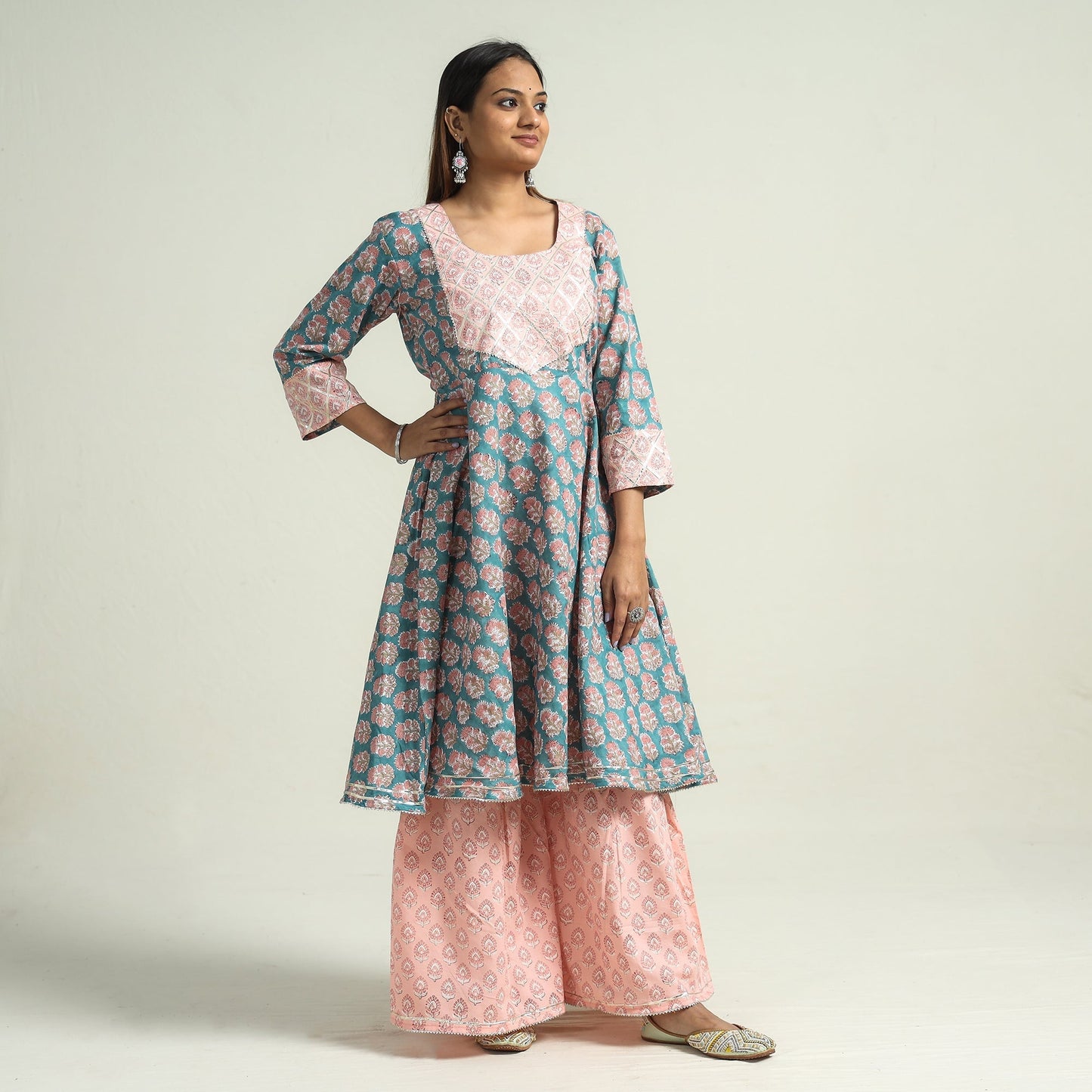 Sanganeri block printed cotton kurta with sharara set