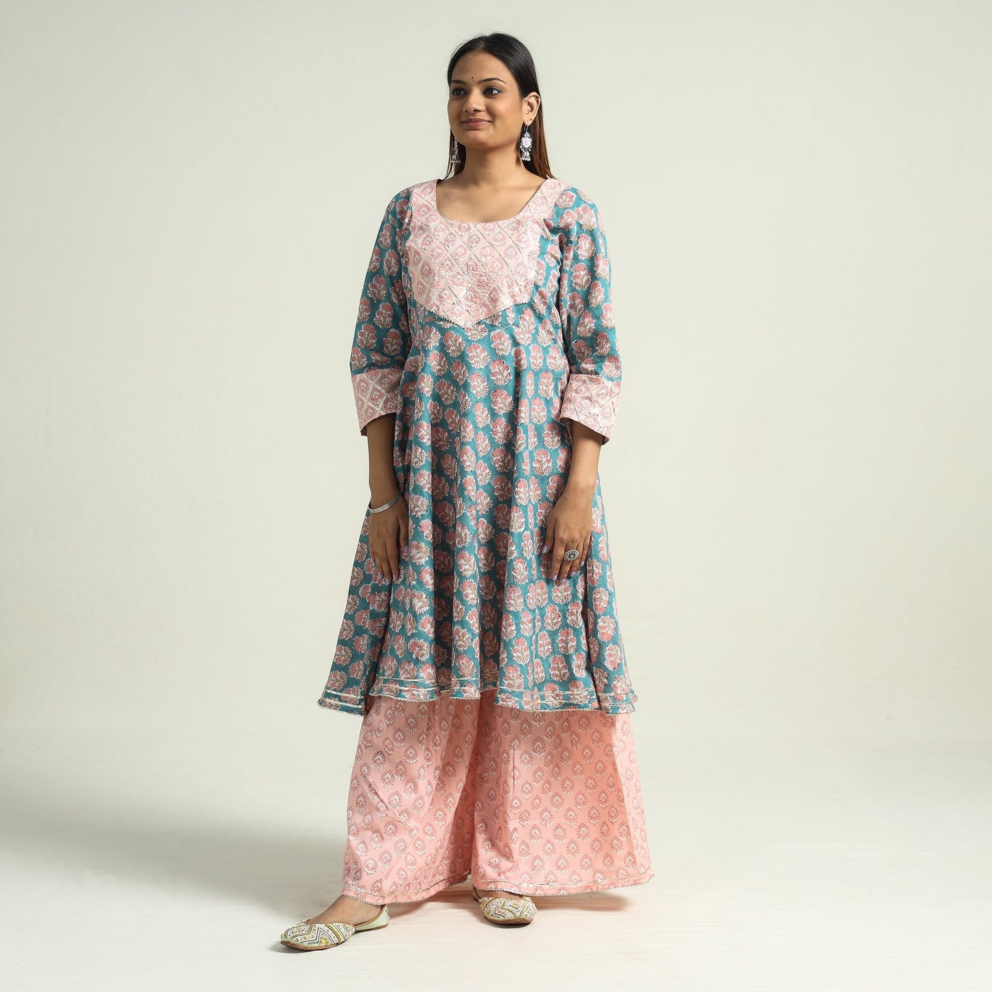 Sanganeri block printed cotton kurta with sharara set