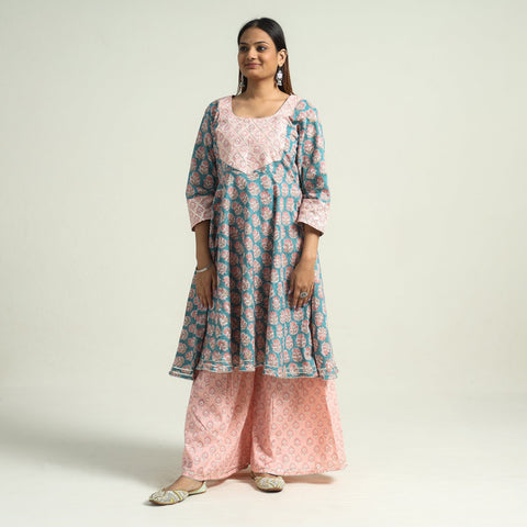Sanganeri block printed cotton kurta with sharara set