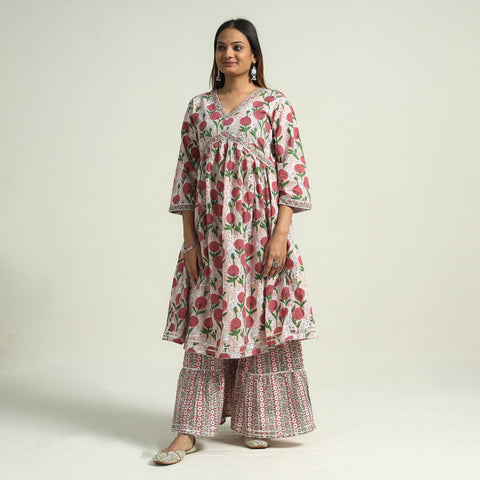 Sanganeri block printed cotton kurta with sharara set