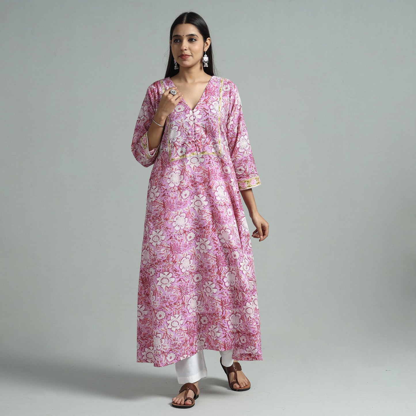 Pink - sanganeri block printed cotton a-line kurta