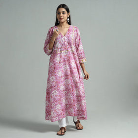 Pink - sanganeri block printed cotton a-line kurta