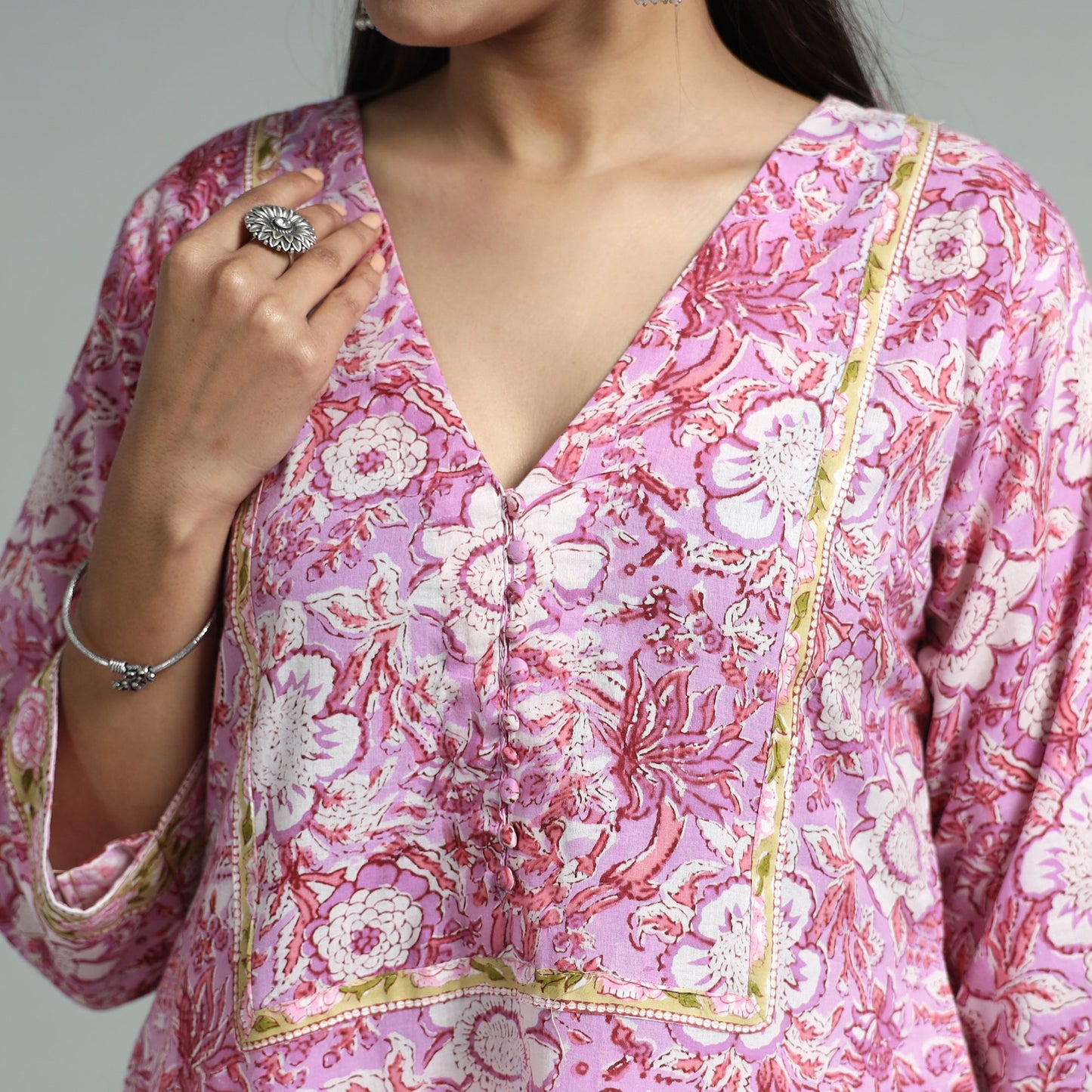 Pink - sanganeri block printed cotton a-line kurta