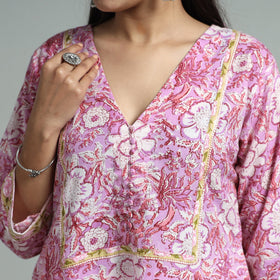 Pink - sanganeri block printed cotton a-line kurta