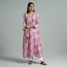 Pink - sanganeri block printed cotton a-line kurta