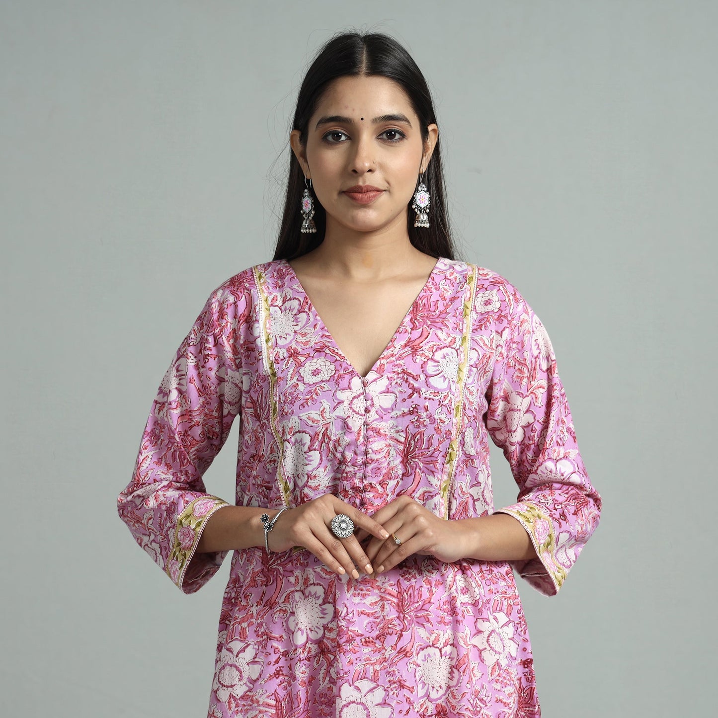 Pink - sanganeri block printed cotton a-line kurta
