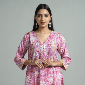 Pink - sanganeri block printed cotton a-line kurta