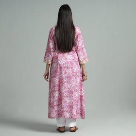 Pink - sanganeri block printed cotton a-line kurta