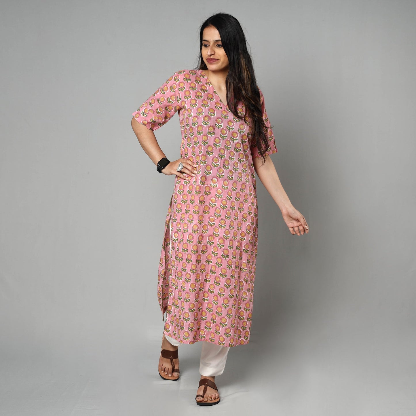 Pink - Sanganeri Block Printed Cotton Long Straight Kurta