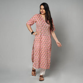 Pink - Sanganeri Block Printed Cotton Long Straight Kurta