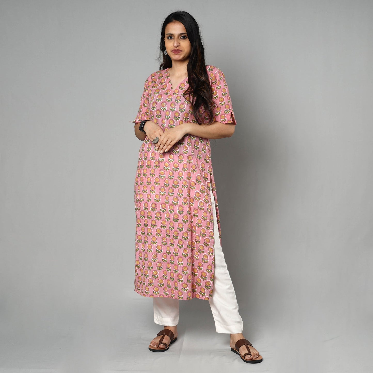 Pink - Sanganeri Block Printed Cotton Long Straight Kurta