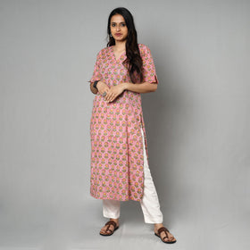 Pink - Sanganeri Block Printed Cotton Long Straight Kurta