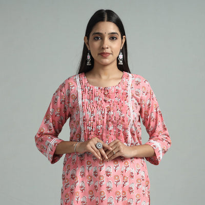 Pink - sanganeri block printed cotton pintuck straight
