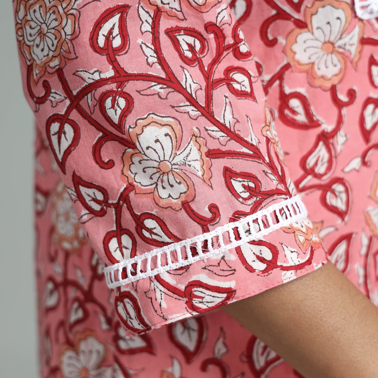 Pink - sanganeri block printed cotton pintuck straight
