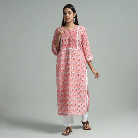 Pink - sanganeri block printed cotton pintuck straight