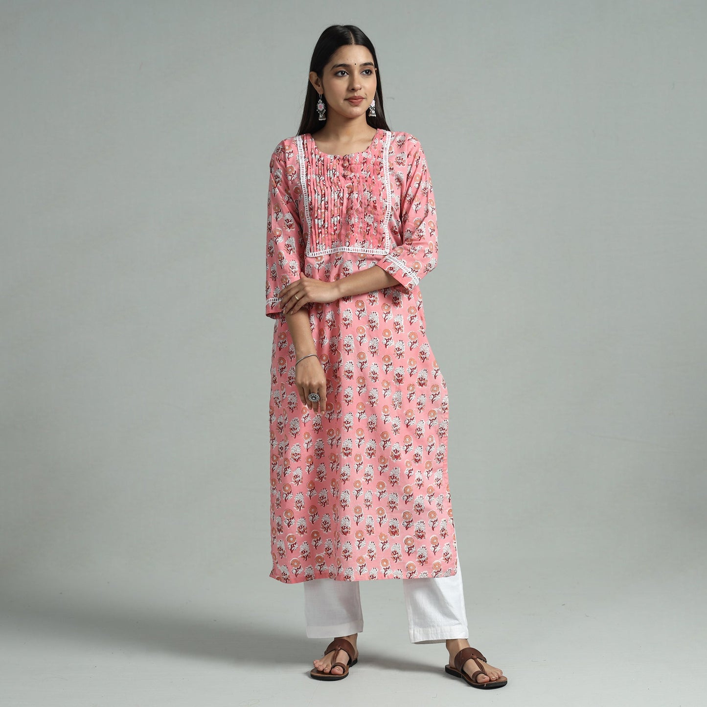 Pink - sanganeri block printed cotton pintuck straight