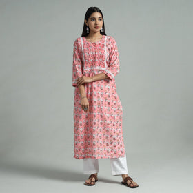 Pink - sanganeri block printed cotton pintuck straight