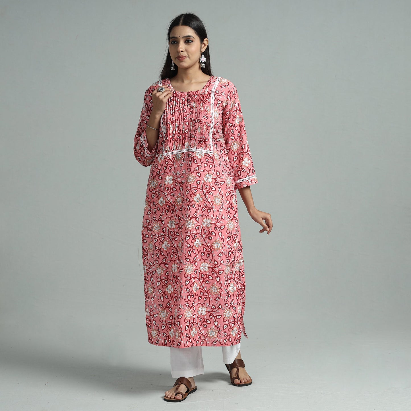 Pink - sanganeri block printed cotton pintuck straight