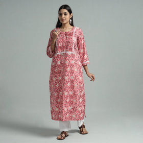 Pink - sanganeri block printed cotton pintuck straight