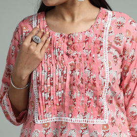 Pink - sanganeri block printed cotton pintuck straight