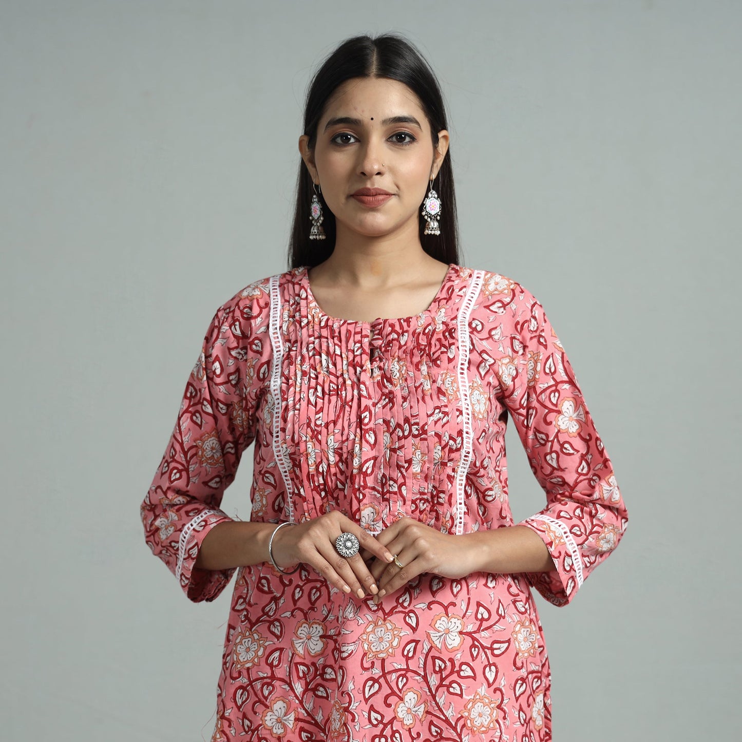 Pink - sanganeri block printed cotton pintuck straight