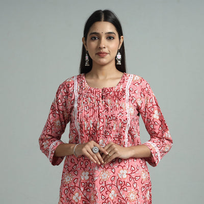 Pink - sanganeri block printed cotton pintuck straight