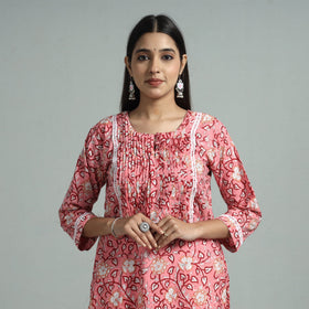 Pink - sanganeri block printed cotton pintuck straight
