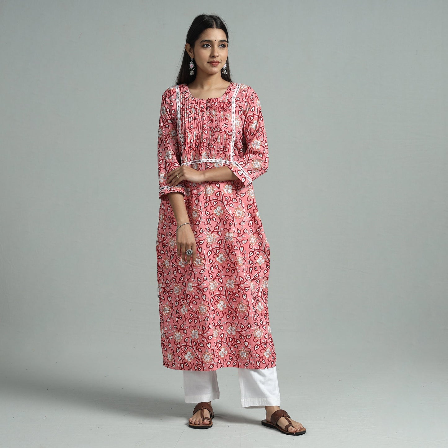 Pink - sanganeri block printed cotton pintuck straight