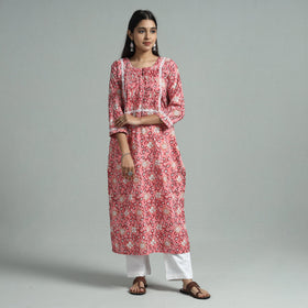 Pink - sanganeri block printed cotton pintuck straight