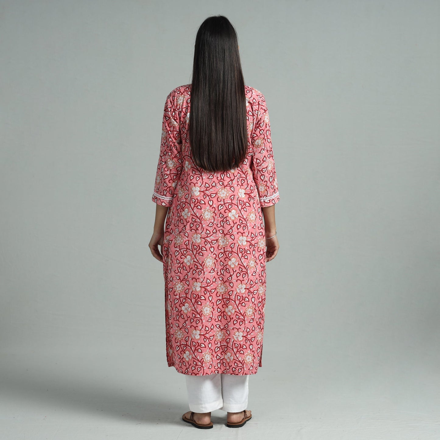 Pink - sanganeri block printed cotton pintuck straight