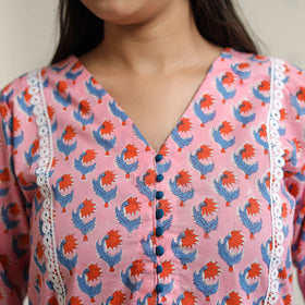 Buy Sanganeri Block Printed Cotton Kurta With Lace Work 42 Online l iTokri.com