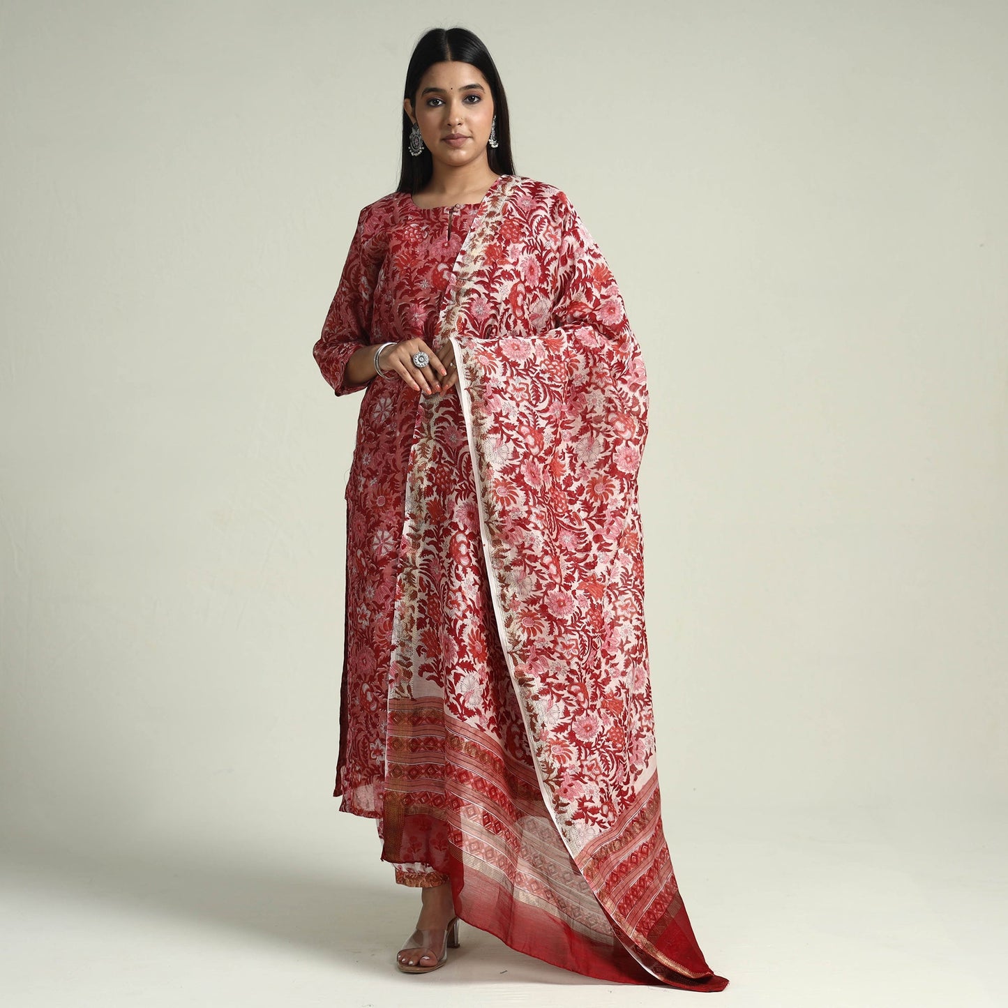 Pink - sanganeri printed maheshwari silk kurta with palazzo