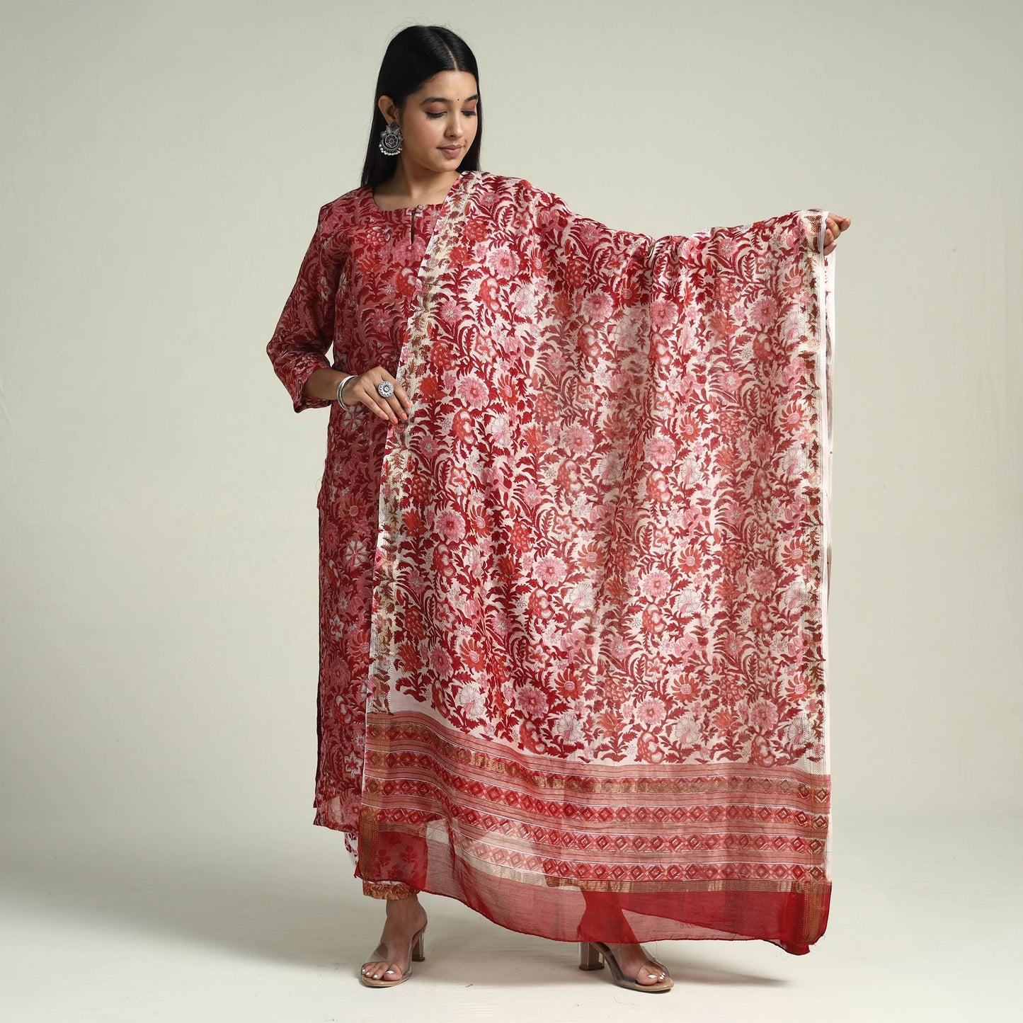 Pink - sanganeri printed maheshwari silk kurta with palazzo