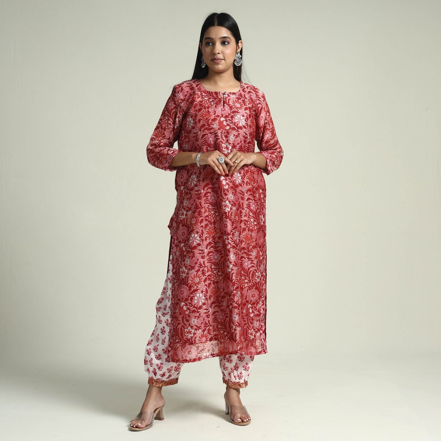 Pink - sanganeri printed maheshwari silk kurta with palazzo