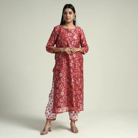 Pink - sanganeri printed maheshwari silk kurta with palazzo