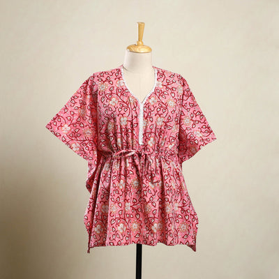 Buy Pink Sanganeri Block Print Cotton Kaftan
