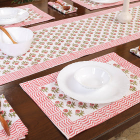Pink Sanganeri Print Cotton Table Runner with Mats & Napkins