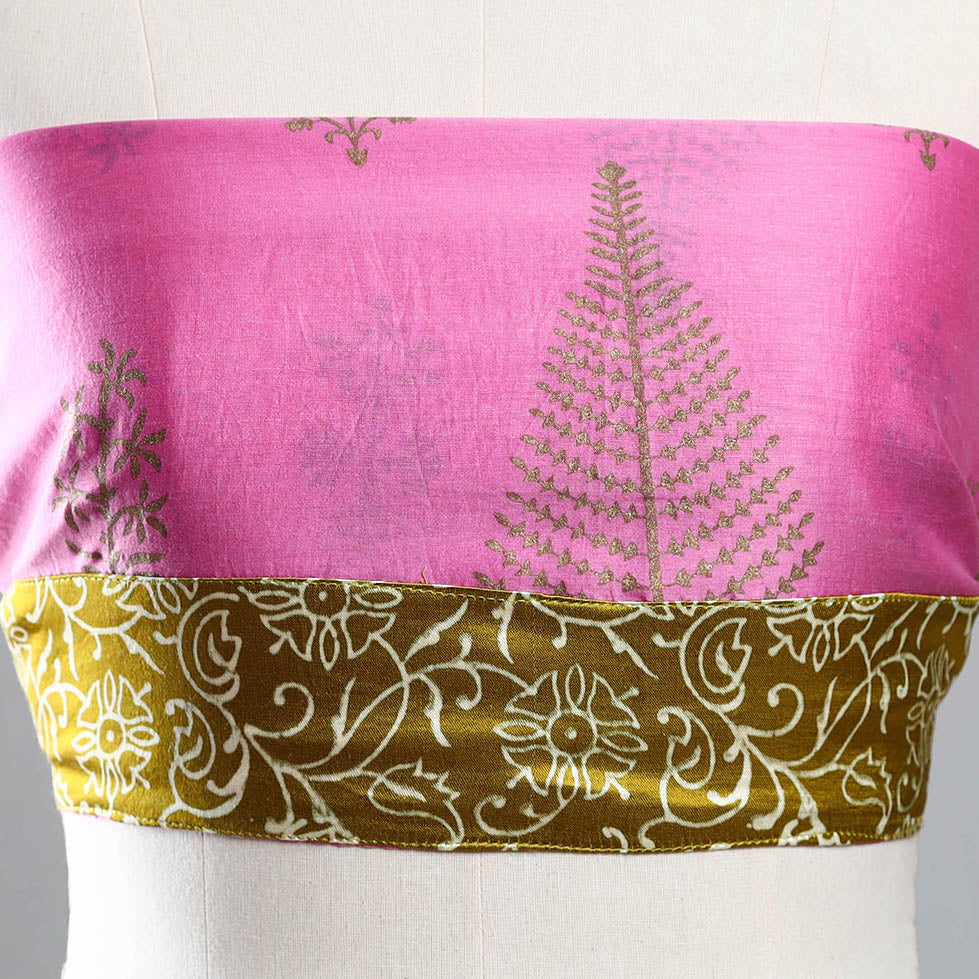 Pink - sanganeri gold printed chanderi silk blouse piece 51