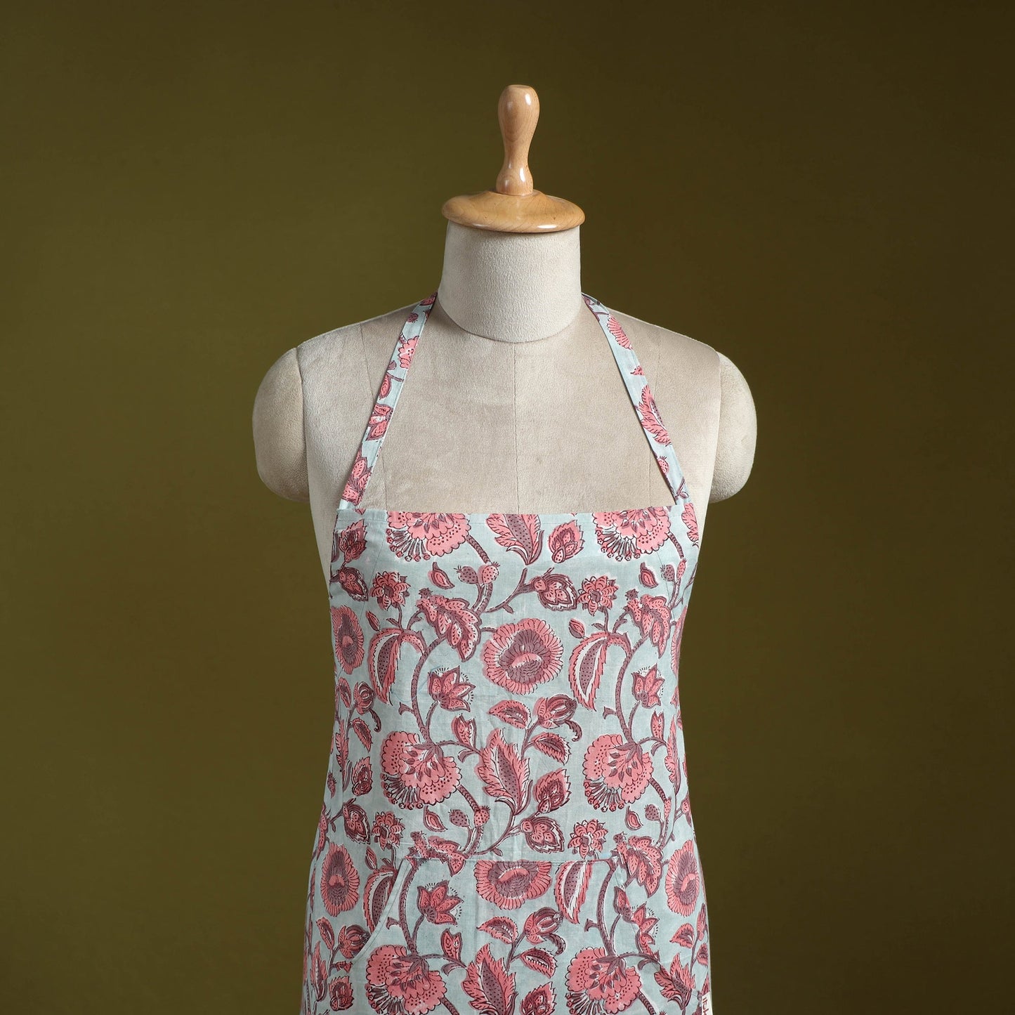 Pink - sanganeri hand block print apron with pocket 05