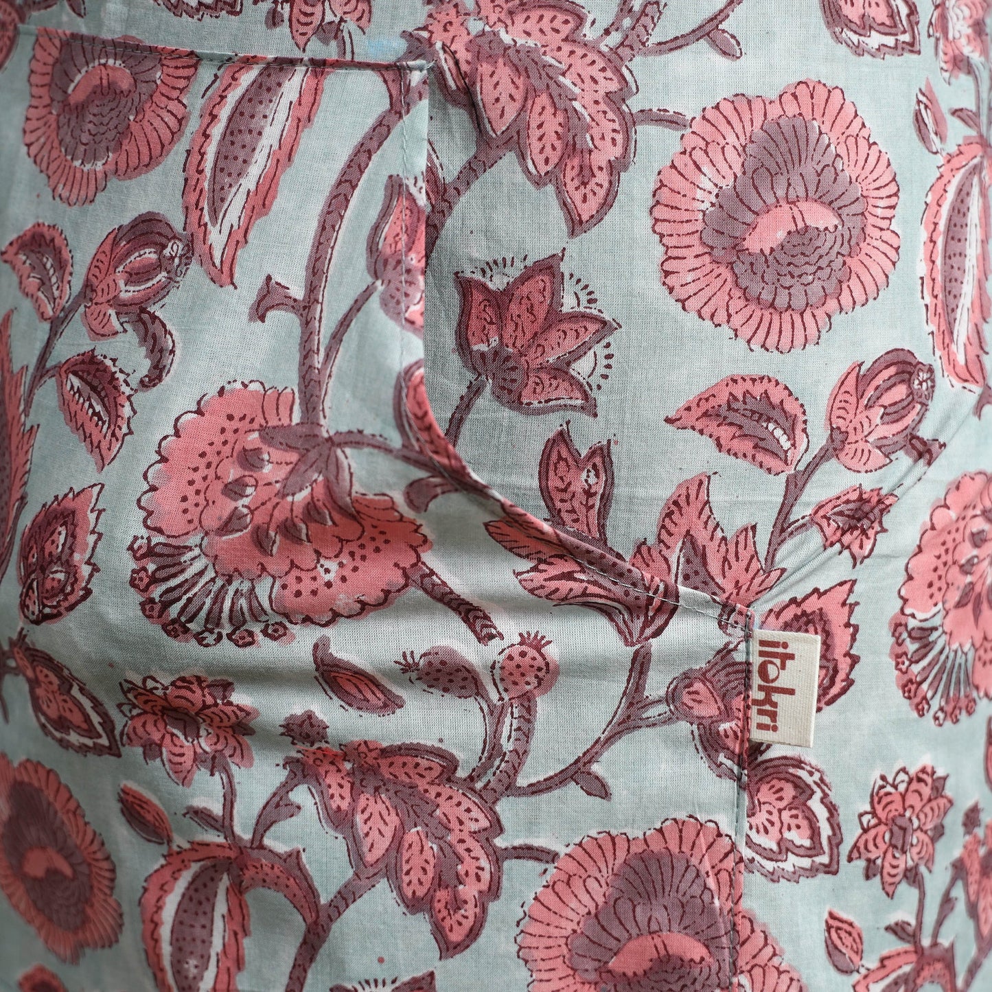 Pink - sanganeri hand block print apron with pocket 05