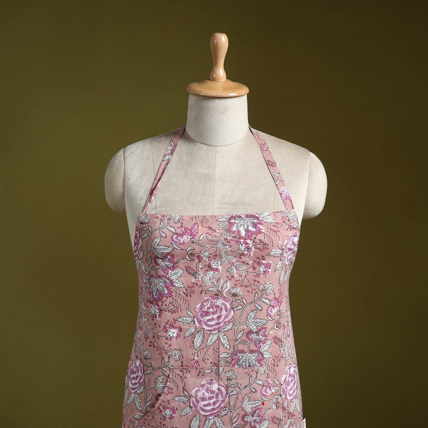 Pink - sanganeri hand block print apron with pocket 07