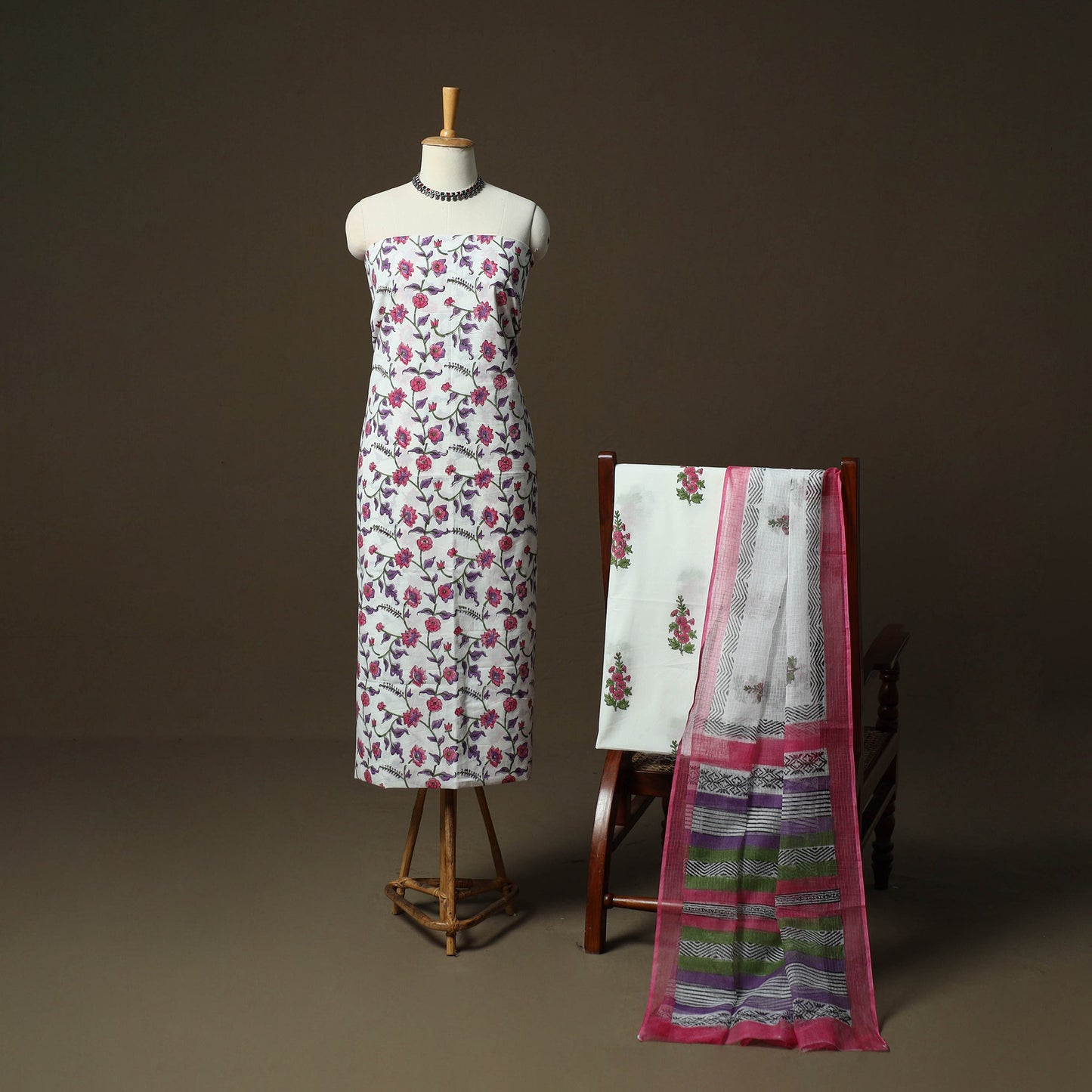 Sanganeri hand block print cotton 3pc unstitched dress