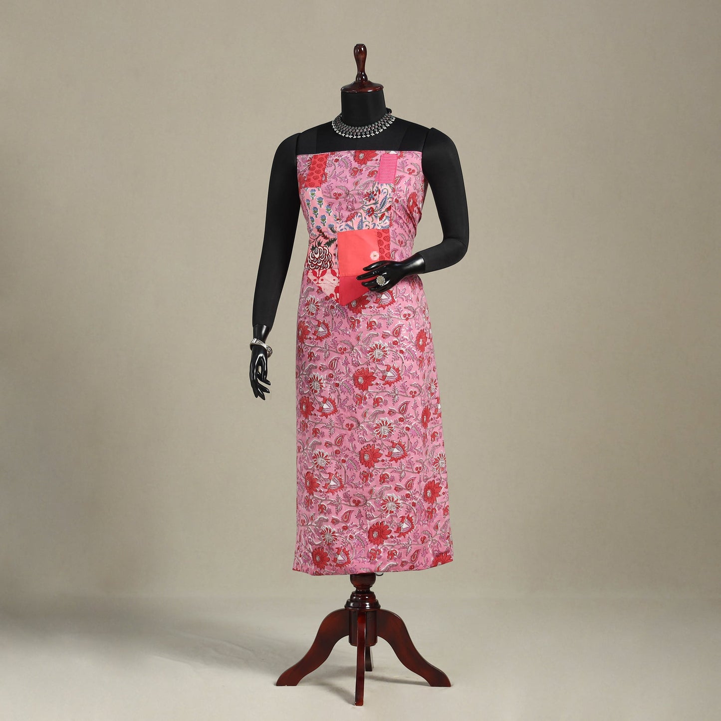 Pink - sanganeri patchwork cotton unstitched kurta material