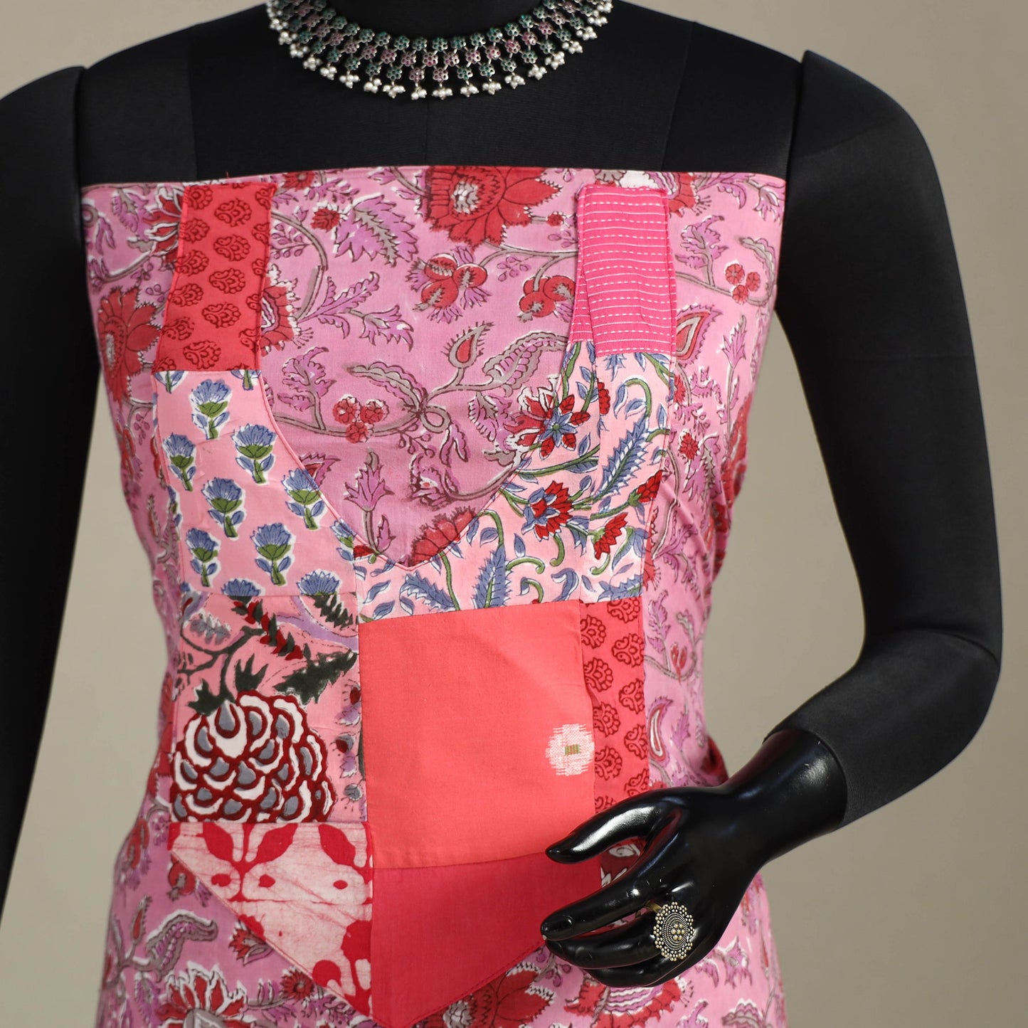 Pink - sanganeri patchwork cotton unstitched kurta material