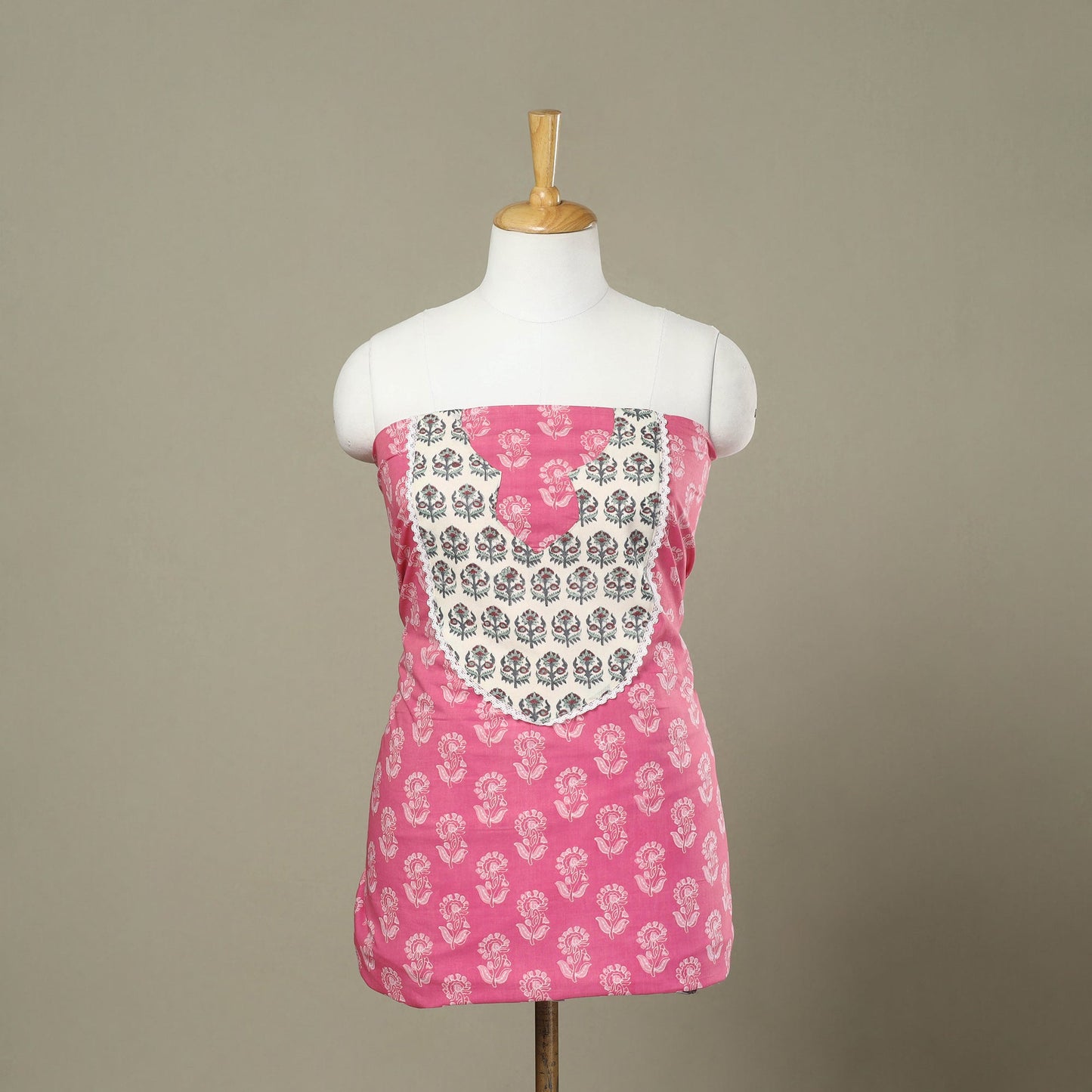 Buy Pink Sanganeri Print Patchwork Cotton Kurta Material