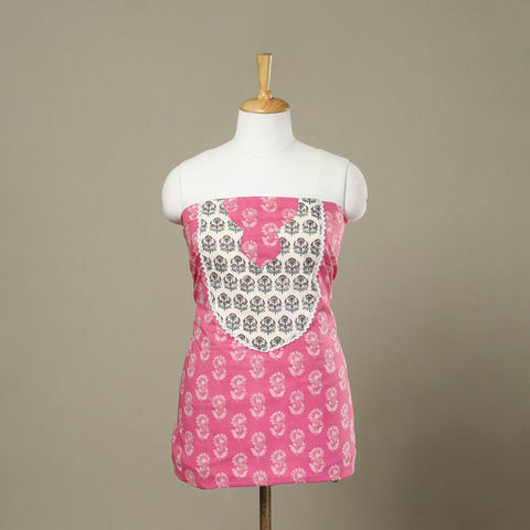 Buy Pink Sanganeri Print Patchwork Cotton Kurta Material